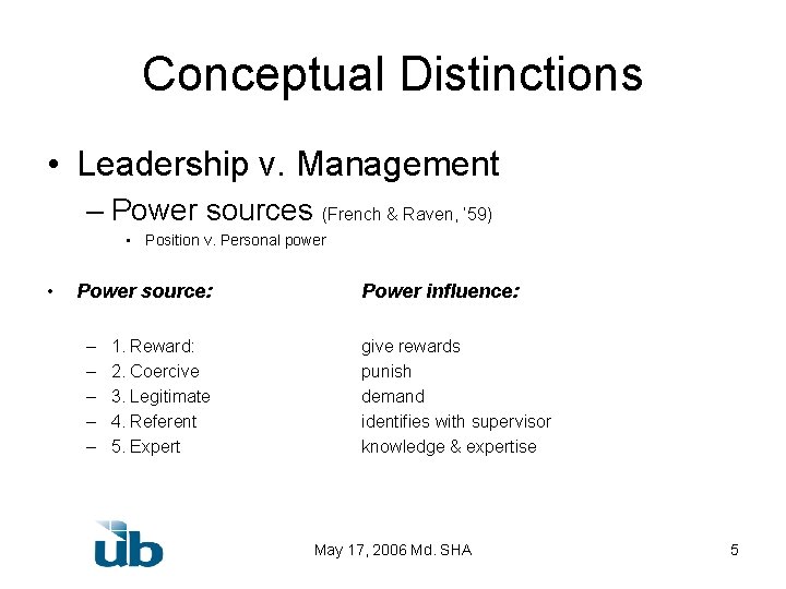 Conceptual Distinctions • Leadership v. Management – Power sources (French & Raven, ’ 59)