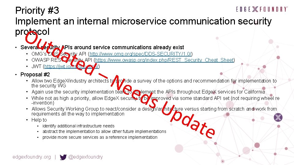 Priority #3 Implement an internal microservice communication security protocol Ou td ate d– •