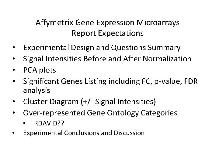 Affymetrix Gene Expression Microarrays Report Expectations Experimental Design and Questions Summary Signal Intensities Before