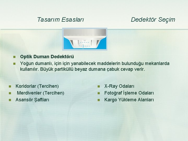 Tasarım Esasları n n n Dedektör Seçim Optik Duman Dedektörü Yoğun dumanlı, için yanabilecek