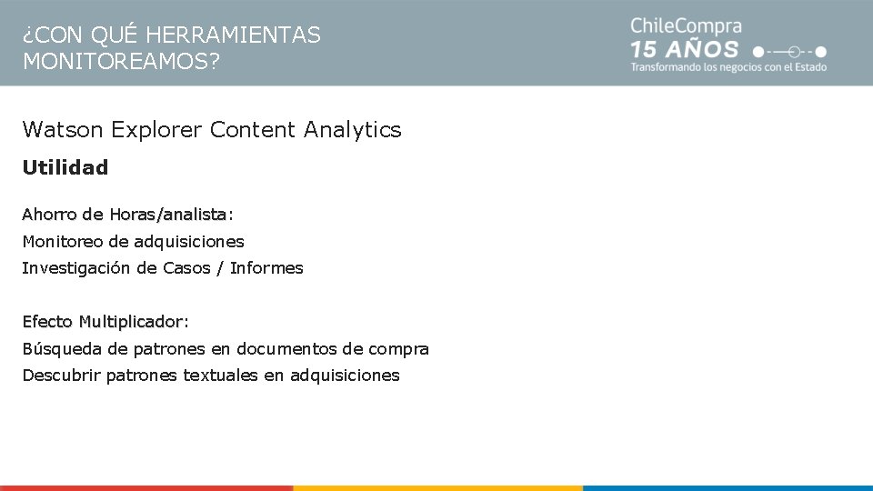¿CON QUÉ HERRAMIENTAS MONITOREAMOS? Watson Explorer Content Analytics Utilidad Ahorro de Horas/analista: Horas/analista Monitoreo