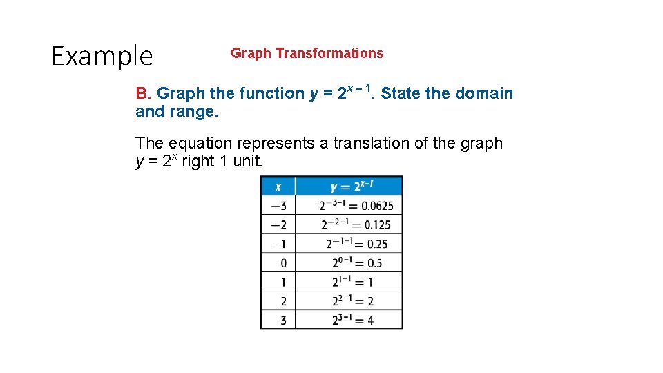 Example Graph Transformations B. Graph the function y = 2 x – 1. State