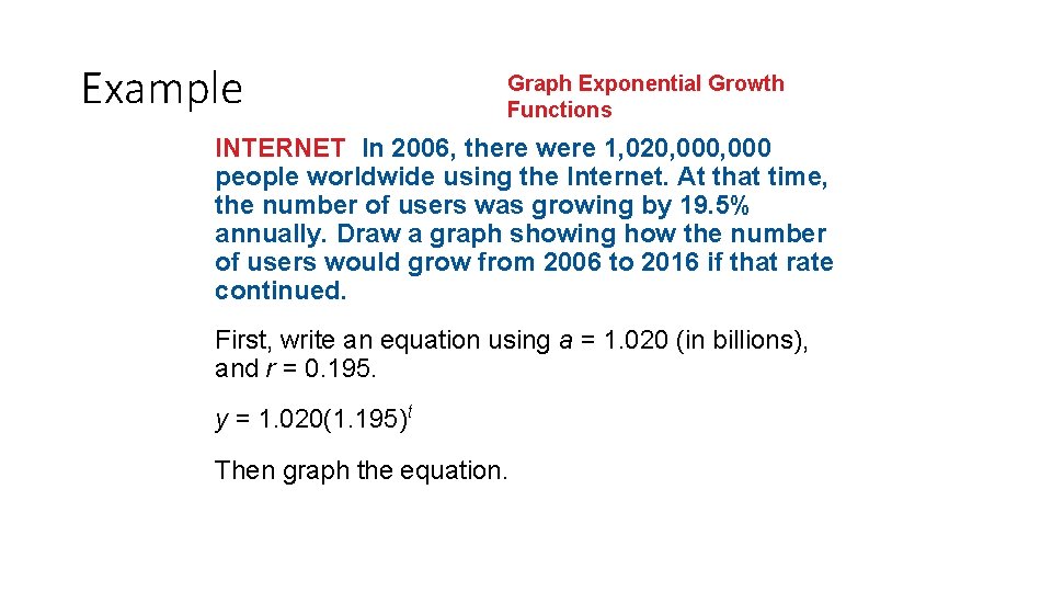 Example Graph Exponential Growth Functions INTERNET In 2006, there were 1, 020, 000 people