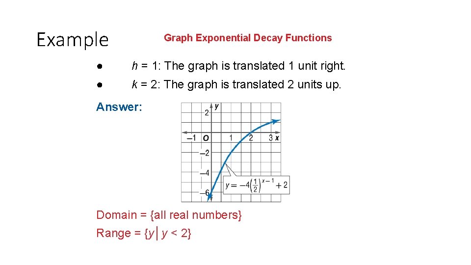 Example Graph Exponential Decay Functions ● h = 1: The graph is translated 1