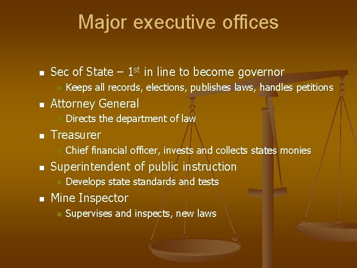 Major executive offices n Sec of State – 1 st in line to become