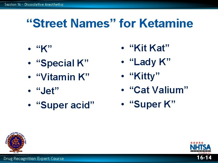 Session 16 – Dissociative Anesthetics “Street Names” for Ketamine • • • “K” “Special