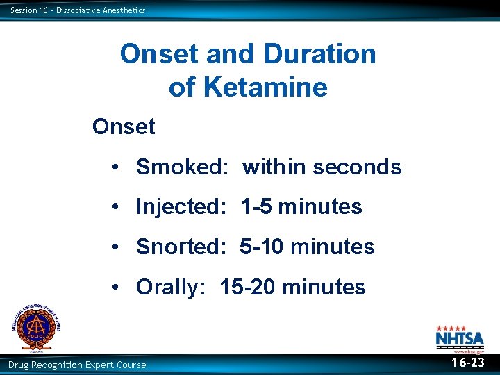 Session 16 – Dissociative Anesthetics Onset and Duration of Ketamine Onset • Smoked: within