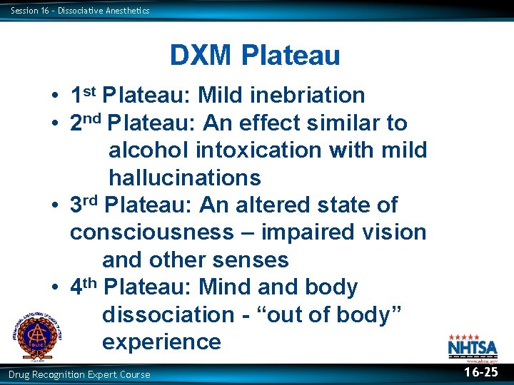 Session 16 – Dissociative Anesthetics DXM Plateau • 1 st Plateau: Mild inebriation •