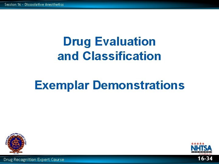 Session 16 – Dissociative Anesthetics Drug Evaluation and Classification Exemplar Demonstrations Drug Recognition Expert