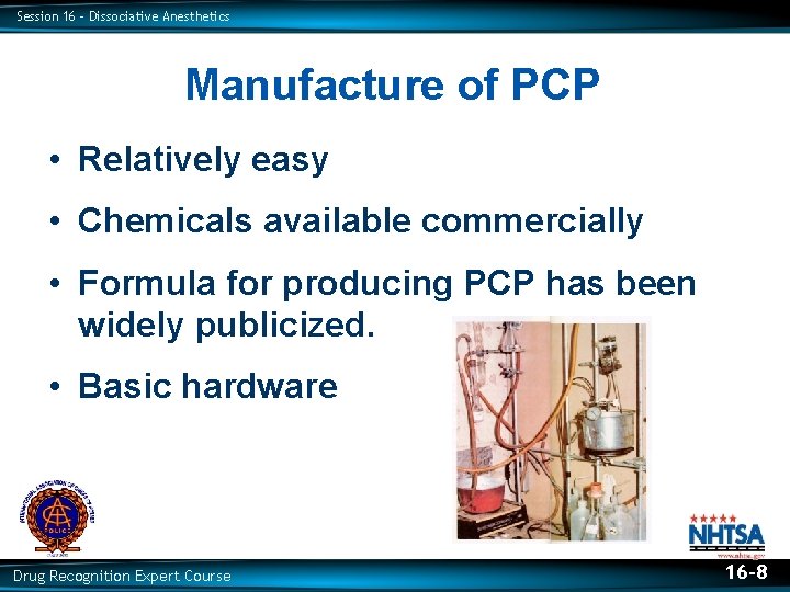 Session 16 – Dissociative Anesthetics Manufacture of PCP • Relatively easy • Chemicals available