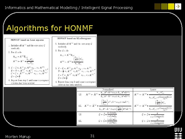 Informatics and Mathematical Modelling / Intelligent Signal Processing Algorithms for HONMF Morten Mørup 31