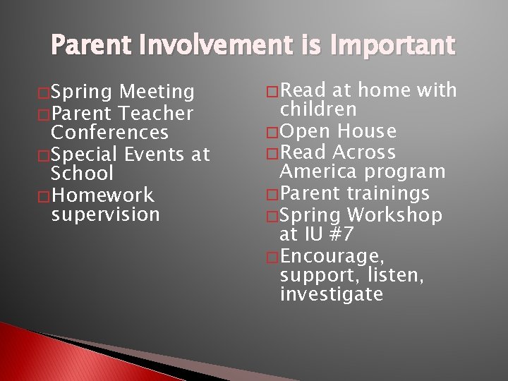 Parent Involvement is Important � Spring Meeting � Parent Teacher Conferences � Special Events