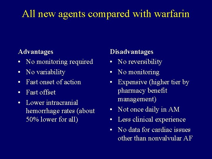All new agents compared with warfarin Advantages • No monitoring required • No variability