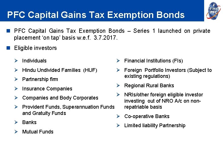 PFC Capital Gains Tax Exemption Bonds n PFC Capital Gains Tax Exemption Bonds –
