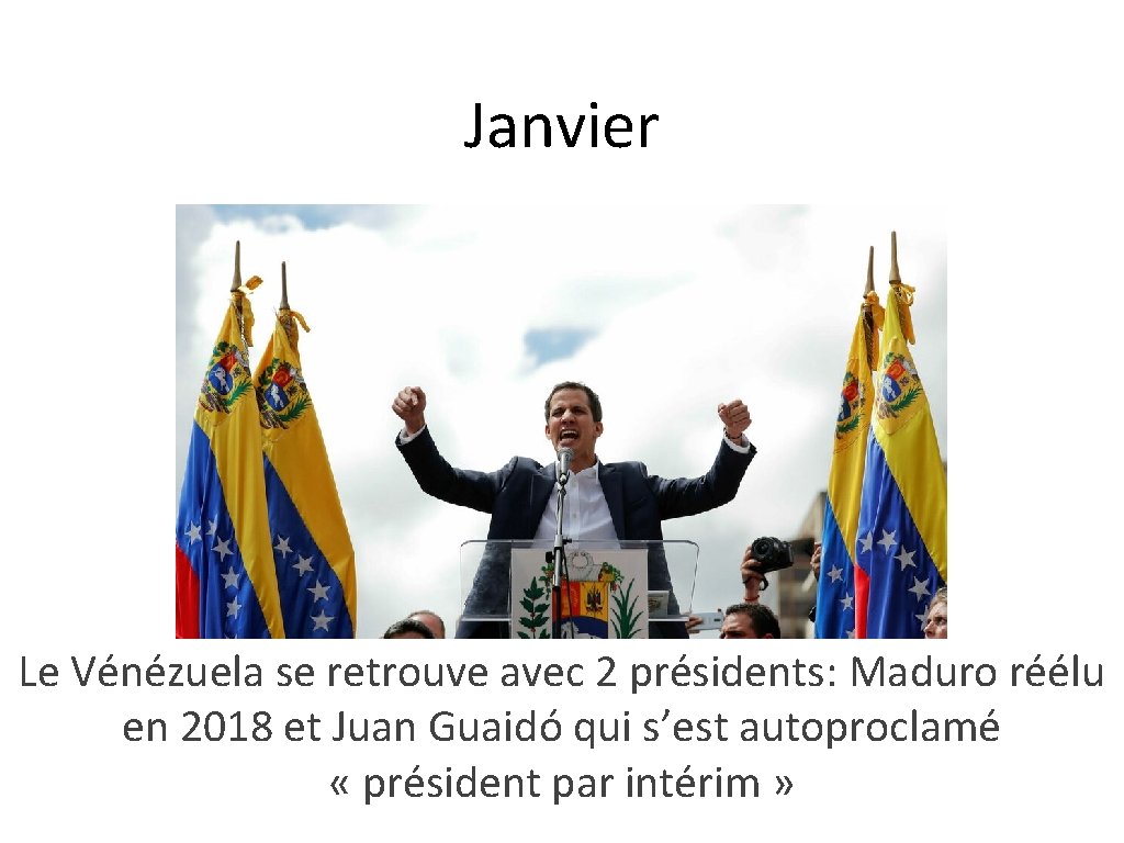 Janvier Le Vénézuela se retrouve avec 2 présidents: Maduro réélu en 2018 et Juan