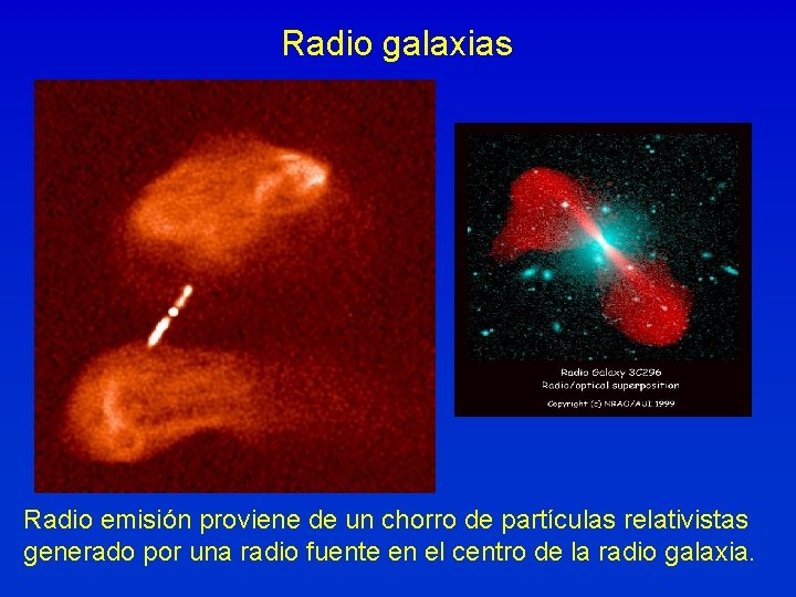 Radio galaxias Radio emisión proviene de un chorro de partículas relativistas generado por una