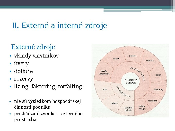 II. Externé a interné zdroje Externé zdroje • • • vklady vlastníkov úvery dotácie