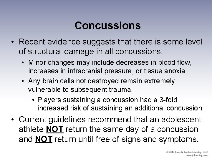 Concussions • Recent evidence suggests that there is some level of structural damage in