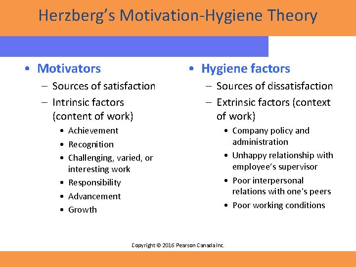 Herzberg’s Motivation-Hygiene Theory • Motivators • Hygiene factors – Sources of satisfaction – Intrinsic