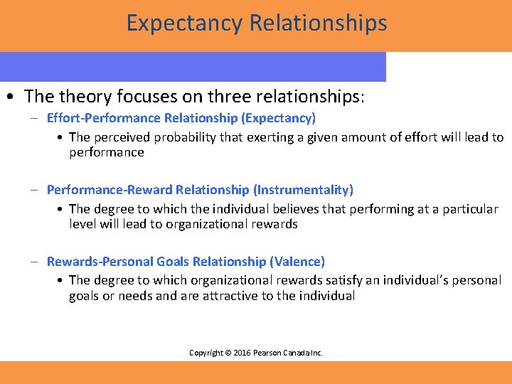 Expectancy Relationships • The theory focuses on three relationships: – Effort-Performance Relationship (Expectancy) •