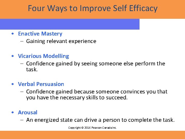 Four Ways to Improve Self Efficacy • Enactive Mastery – Gaining relevant experience •