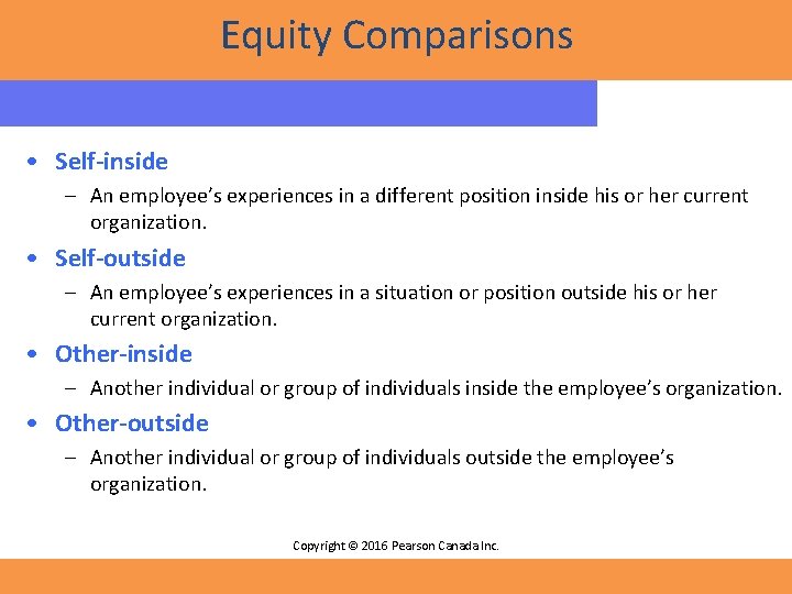 Equity Comparisons • Self-inside – An employee’s experiences in a different position inside his