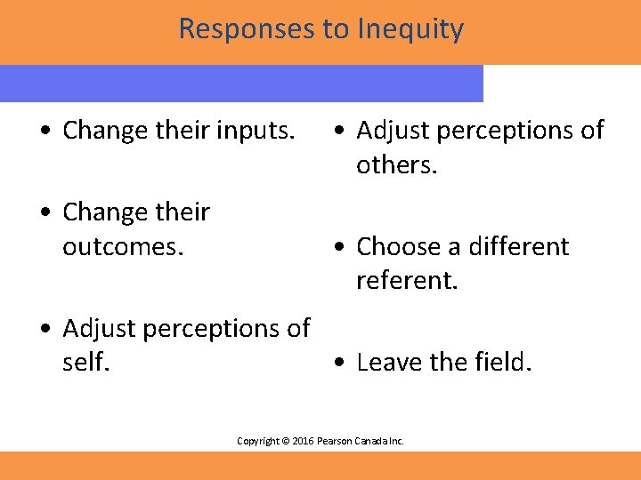 Responses to Inequity • Change their inputs. • Change their outcomes. • Adjust perceptions