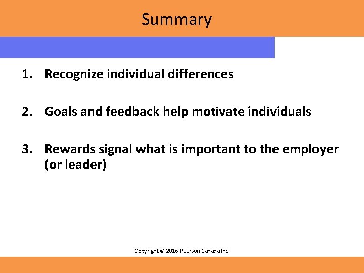 Summary 1. Recognize individual differences 2. Goals and feedback help motivate individuals 3. Rewards