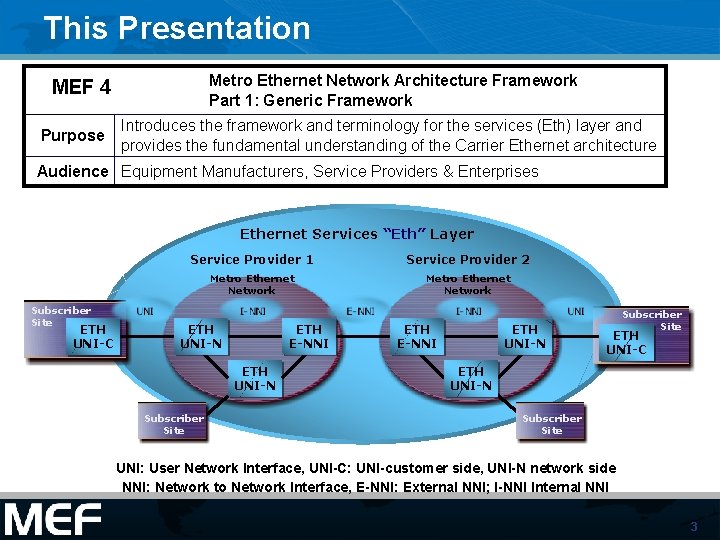 This Presentation Metro Ethernet Network Architecture Framework Part 1: Generic Framework MEF 4 Purpose