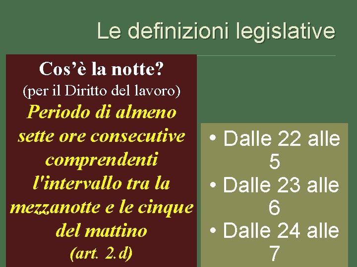 Le definizioni legislative Cos’è la notte? (per il Diritto del lavoro) Periodo di almeno