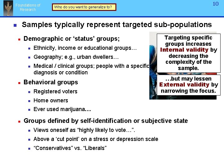 Foundations of Research 10 10 Who do you want to generalize to? Samples typically