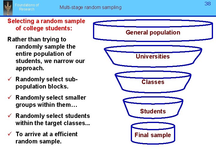 Foundations of Research 38 38 Multi-stage random sampling Selecting a random sample of college