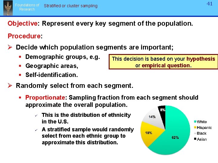 Foundations of Research 41 41 Stratified or cluster sampling Objective: Represent every key segment