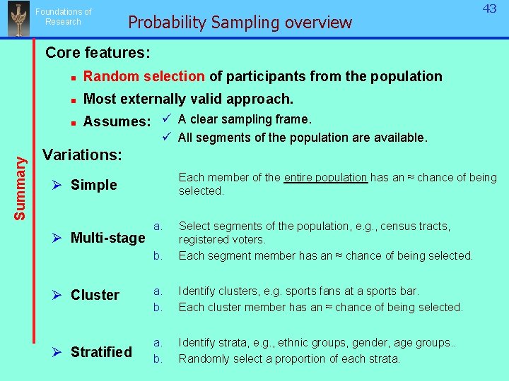 Foundations of Research Probability Sampling overview 43 43 Core features: n Random selection of