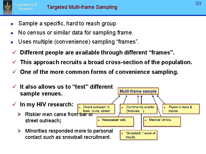 Foundations of Research Targeted Multi-frame Sampling n Sample a specific, hard to reach group