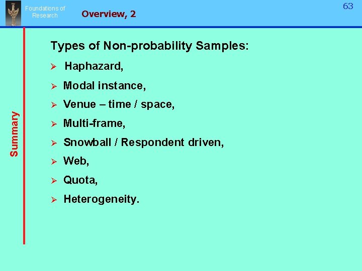 Foundations of Research Overview, 2 Types of Non-probability Samples: Summary Ø Haphazard, Ø Modal