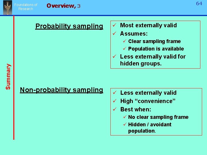 Foundations of Research 64 64 Overview, 3 Probability sampling ü Most externally valid Summary