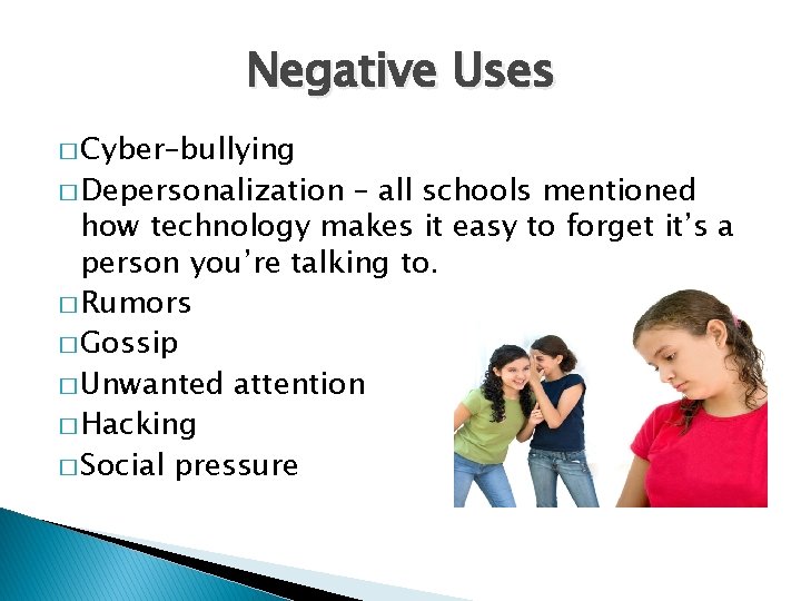 Negative Uses � Cyber–bullying � Depersonalization – all schools mentioned how technology makes it