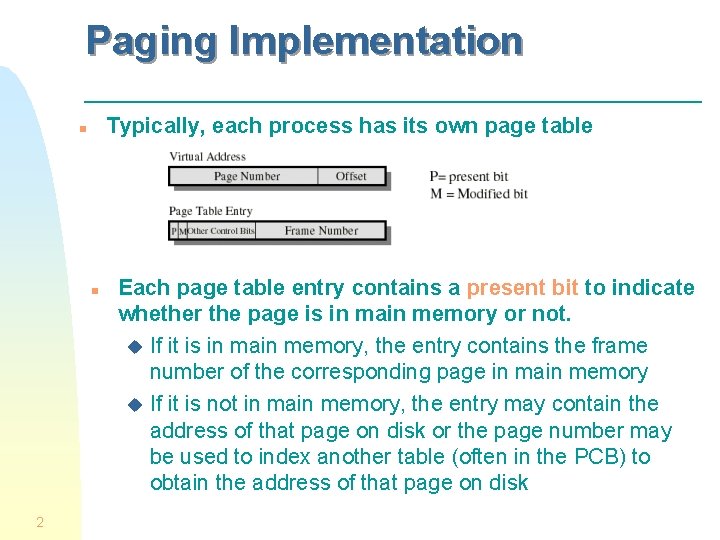 Paging Implementation Typically, each process has its own page table n n 2 Each