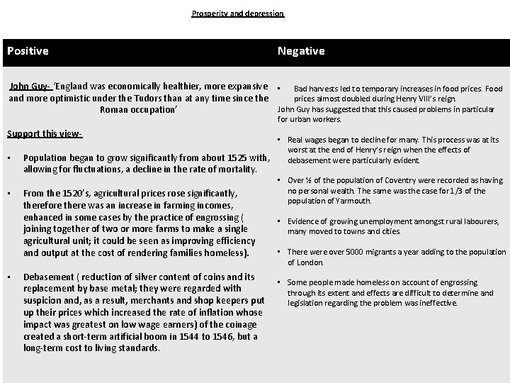 Prosperity and depression Positive Negative John Guy- ‘England was economically healthier, more expansive •