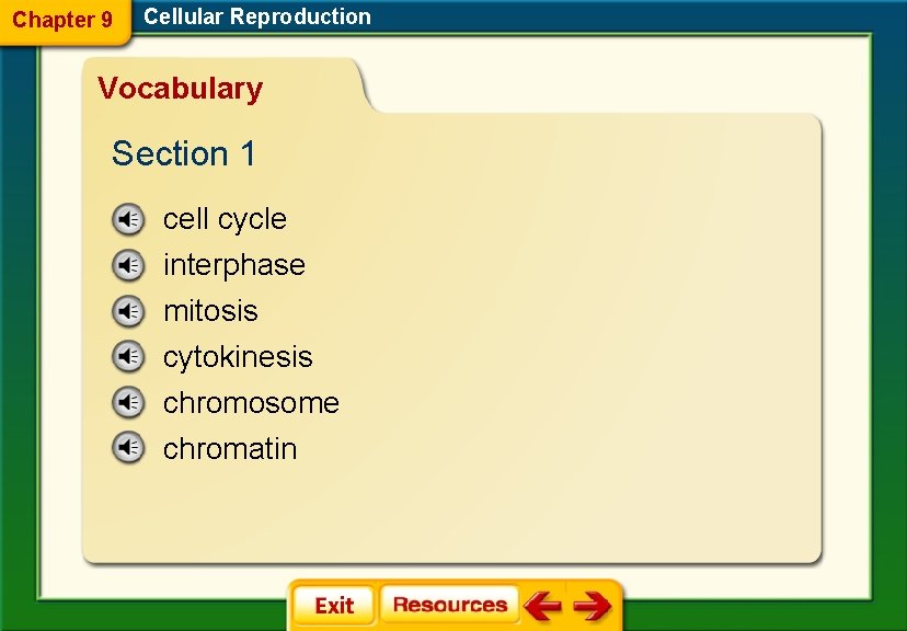 Chapter 9 Cellular Reproduction Vocabulary Section 1 cell cycle interphase mitosis cytokinesis chromosome chromatin