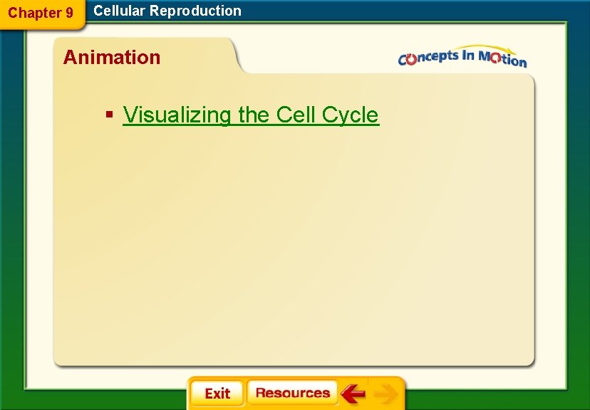 Chapter 9 Cellular Reproduction Animation § Visualizing the Cell Cycle 