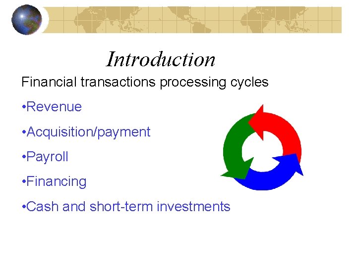 Introduction Financial transactions processing cycles • Revenue • Acquisition/payment • Payroll • Financing •