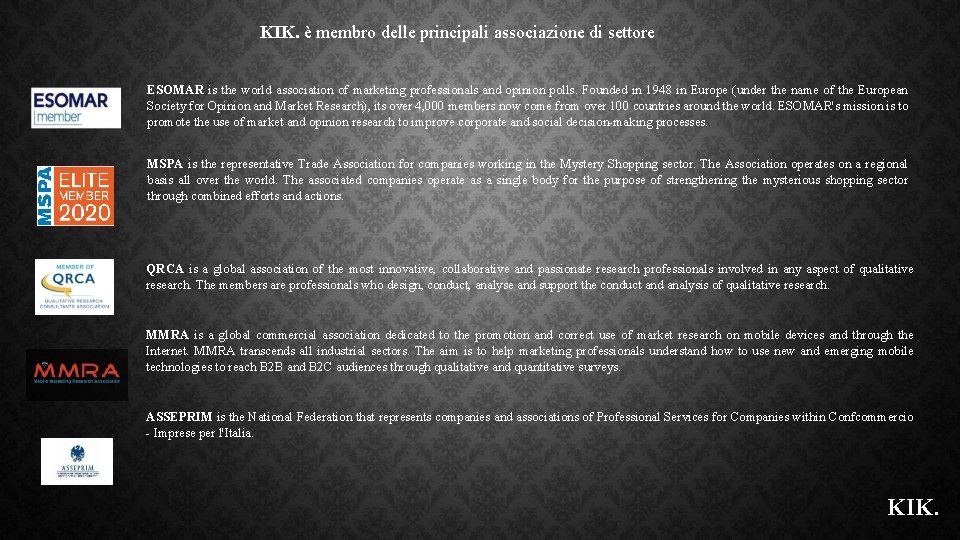 KIK. è membro delle principali associazione di settore ESOMAR is the world association of