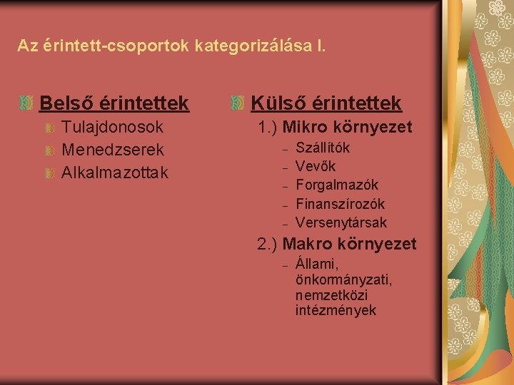 Az érintett-csoportok kategorizálása I. Belső érintettek Tulajdonosok Menedzserek Alkalmazottak Külső érintettek 1. ) Mikro Az érintett-csoportok kategorizálása I. Belső érintettek Tulajdonosok Menedzserek Alkalmazottak Külső érintettek 1. ) Mikro