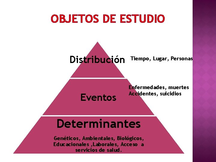 OBJETOS DE ESTUDIO Distribución Eventos Tiempo, Lugar, Personas Enfermedades, muertes Accidentes, suicidios Determinantes Genéticos,