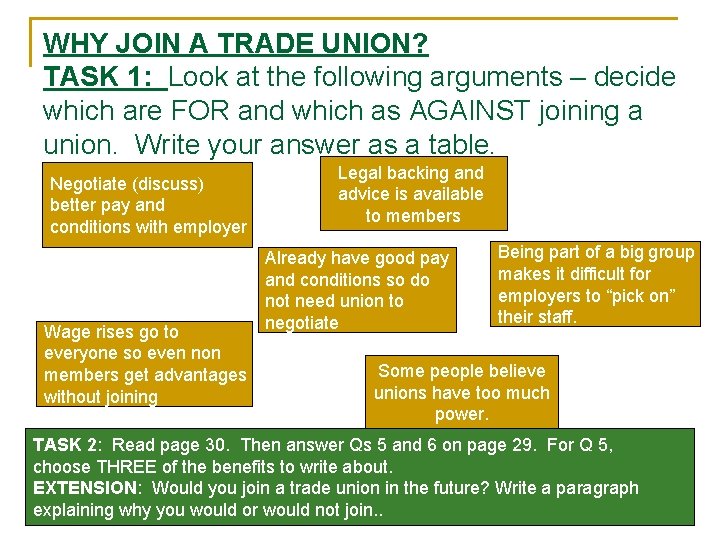 WHY JOIN A TRADE UNION? TASK 1: Look at the following arguments – decide