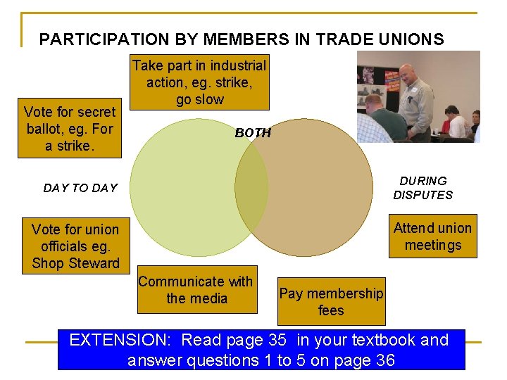 PARTICIPATION BY MEMBERS IN TRADE UNIONS Vote for secret ballot, eg. For a strike.