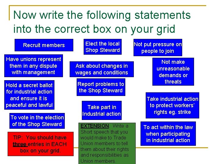 Now write the following statements into the correct box on your grid Recruit members