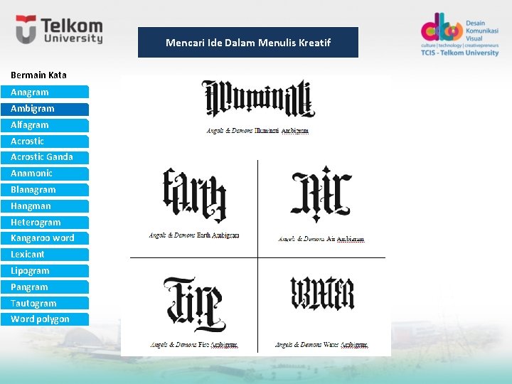 Mencari Ide Dalam Menulis Kreatif Bermain Kata Anagram Ambigram Alfagram Acrostic Ganda Anamonic Blanagram Mencari Ide Dalam Menulis Kreatif Bermain Kata Anagram Ambigram Alfagram Acrostic Ganda Anamonic Blanagram